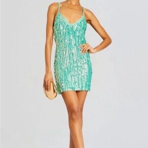 Retrofete Saros Feather Sequin Mint Green Spaghetti-Strap Mini Dress